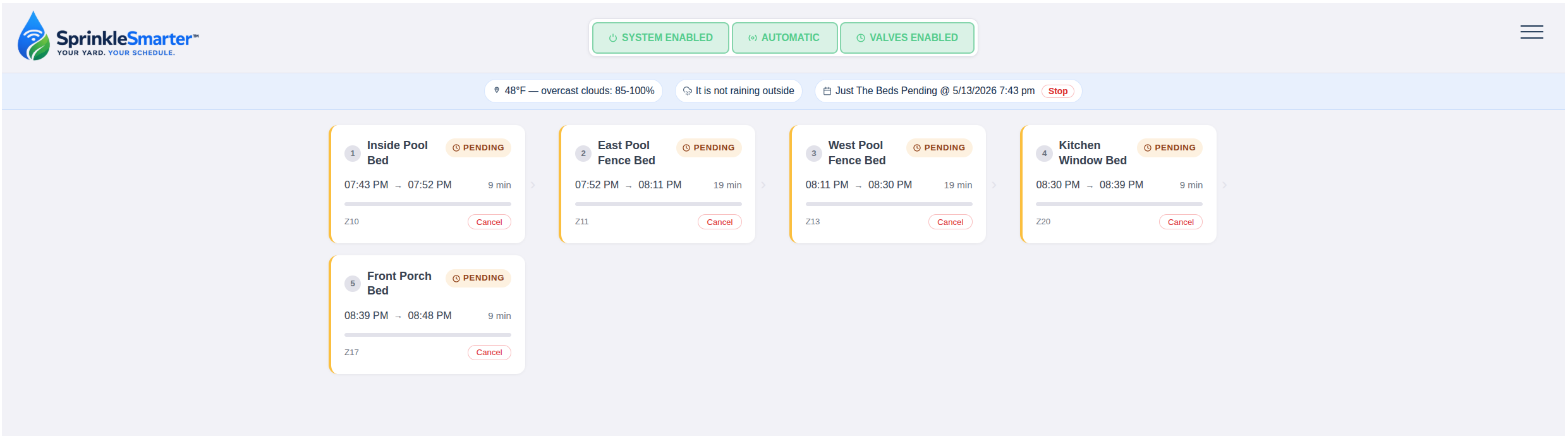 SprinkleSmarter zone control interface