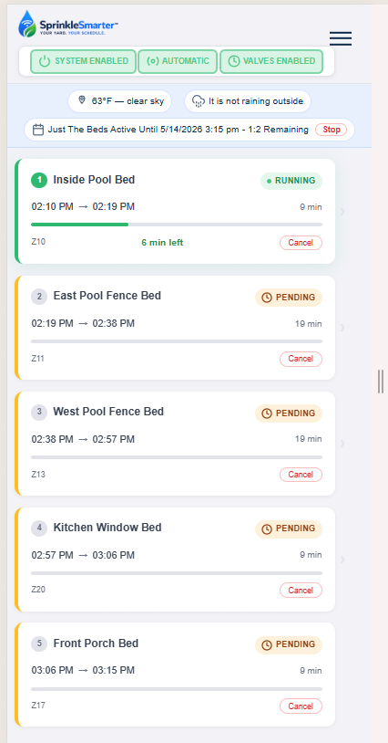SprinkleSmarter automatic irrigation schedule on mobile phone