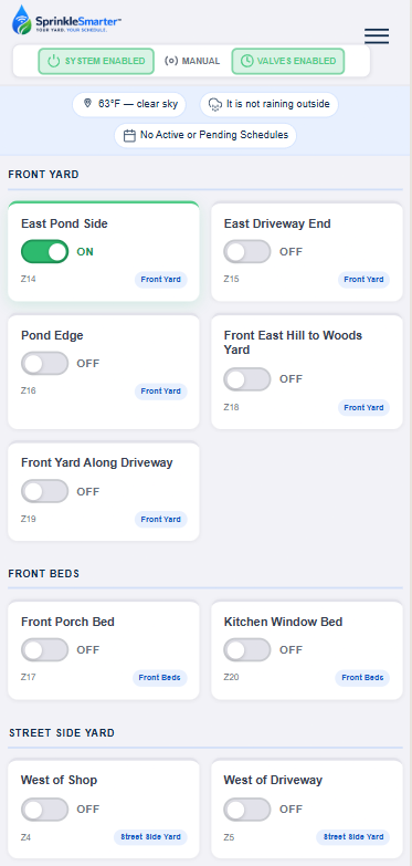 SprinkleSmarter manual irrigation zone control on mobile phone