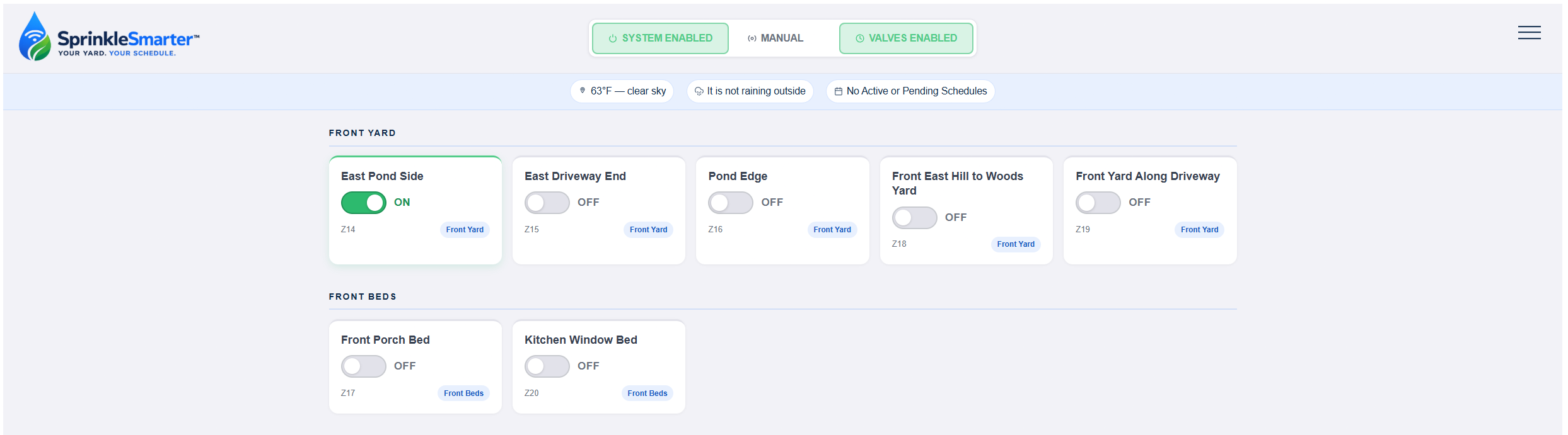 SprinkleSmarter manual zone control interface on desktop browser