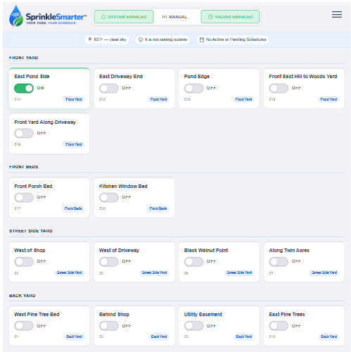 SprinkleSmarter manual irrigation zone control on tablet