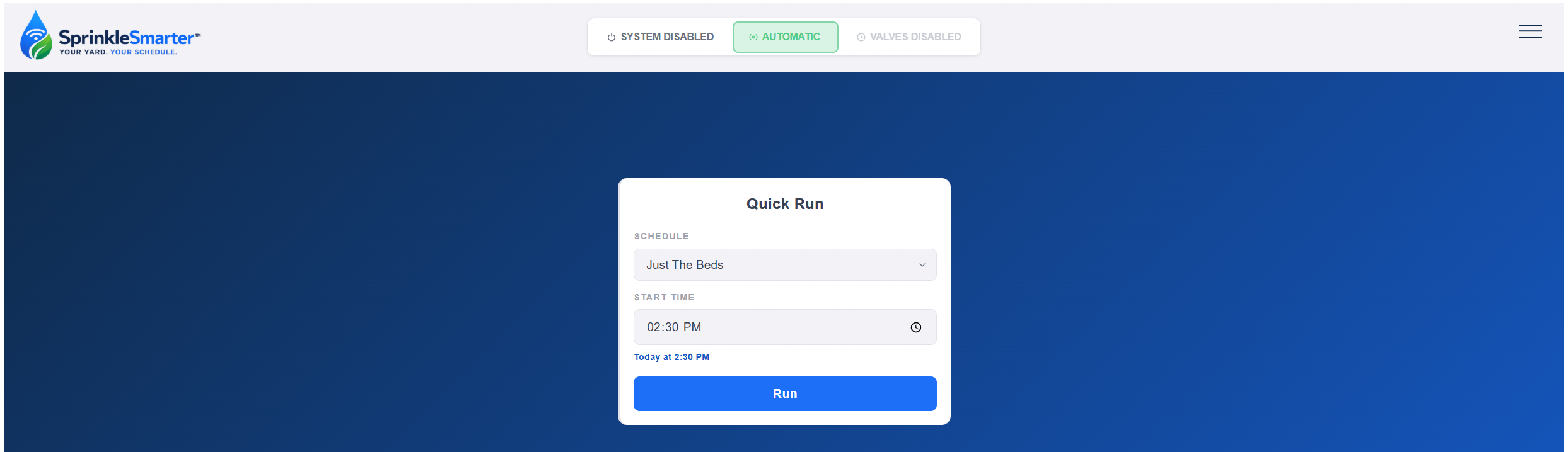 SprinkleSmarter quick run feature for executing an irrigation schedule on demand