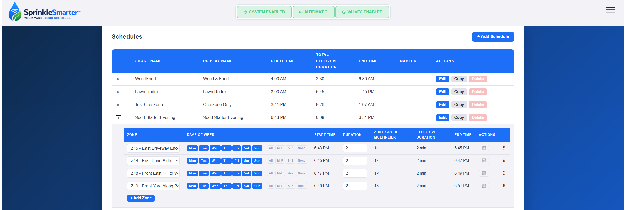 SprinkleSmarter irrigation schedule setup and configuration screen