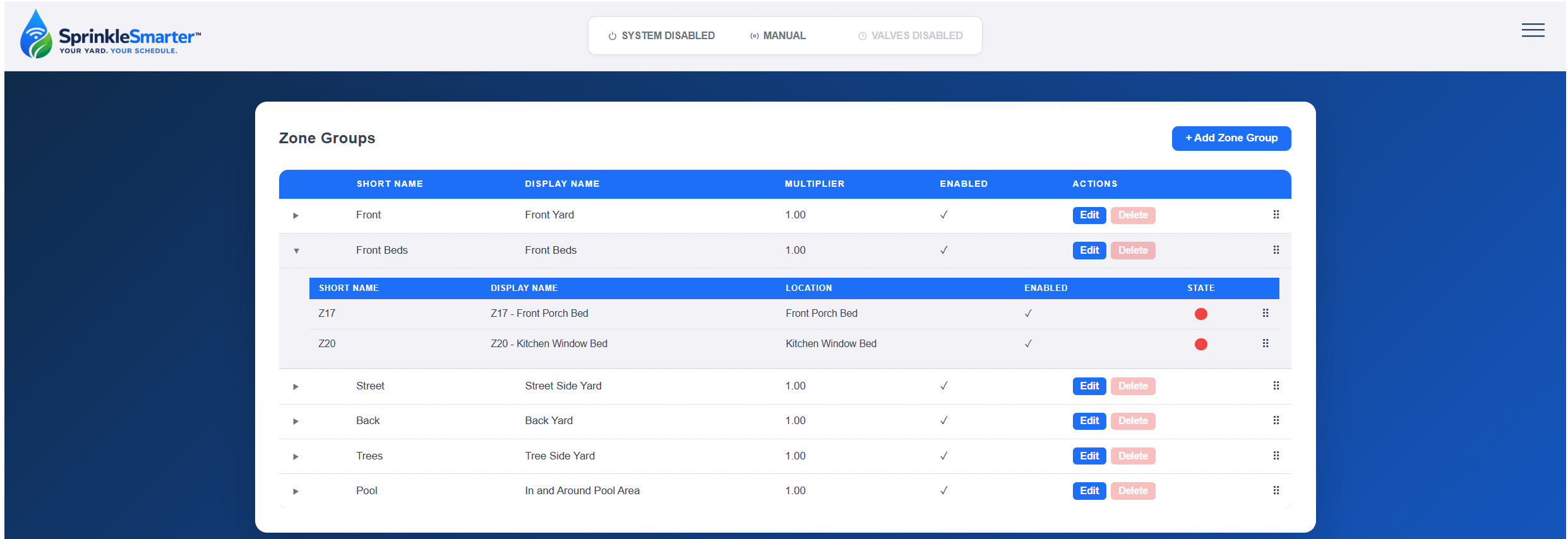 SprinkleSmarter zone groups setup for managing yard areas and run-time multipliers